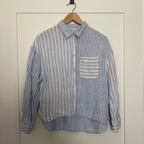 Nicole Miller 100% Linen Shirt Women L Blue White Striped Button Up Long Sleeve - Picture 1 of 9